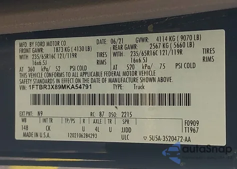 2021 Ford Transit-250 Cargo Van из США, поврежденный, VIN 1FTBR3X89MKA54791